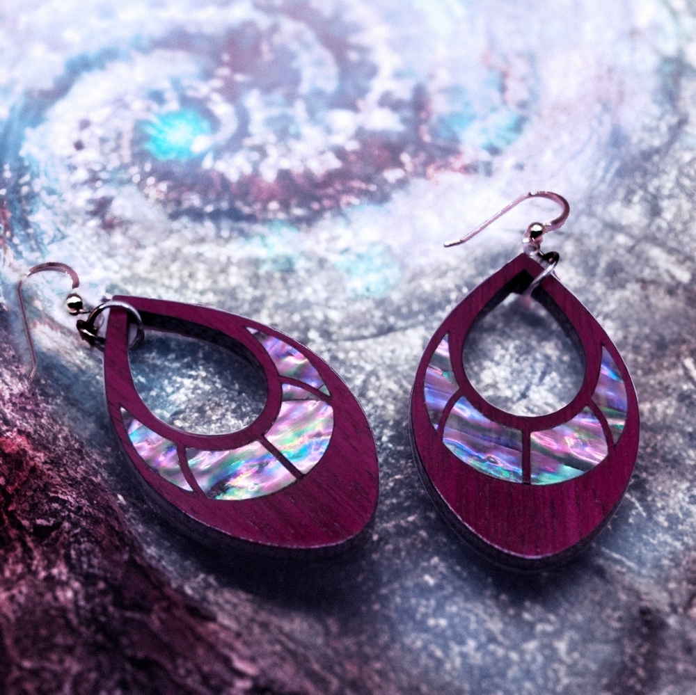 Handmade wood purple heart abalone earrings.. Avalon Mist Drops